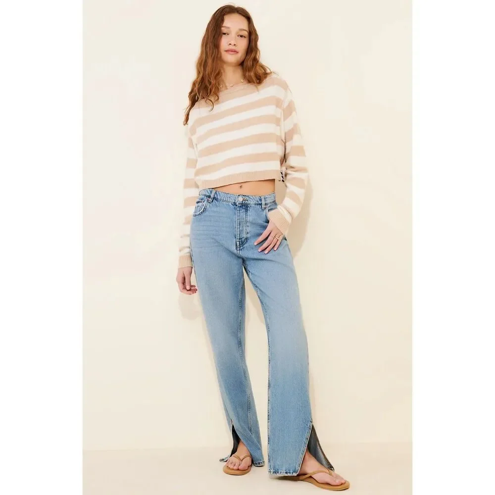 Free People Striped Into The Blue Crop Pullover Sweater Med NWT $108